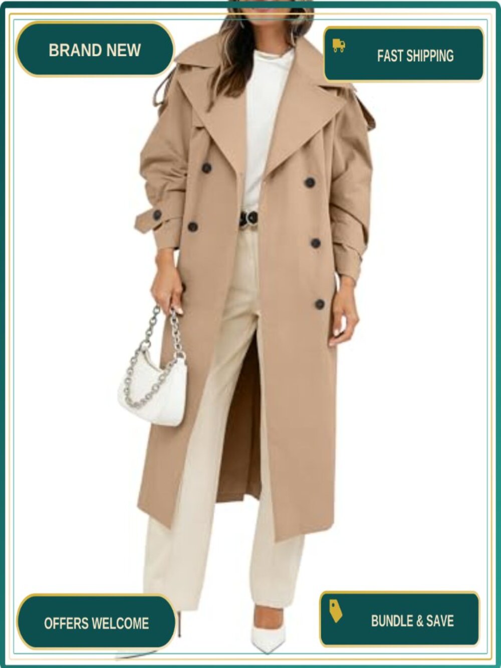 Oversized Long Trench Coat with Belt Double Breasted Lapel